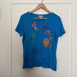 Tommy Bahama Top Womens Sz S Blue Embroidered Beach Scenic Short Sleeve Palm